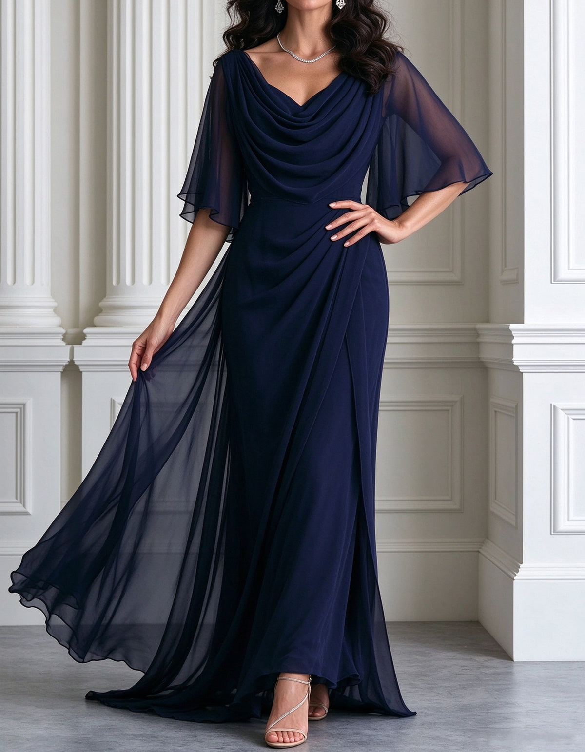 Navy Blue Chiffon Cowl Neck Maxi Dress