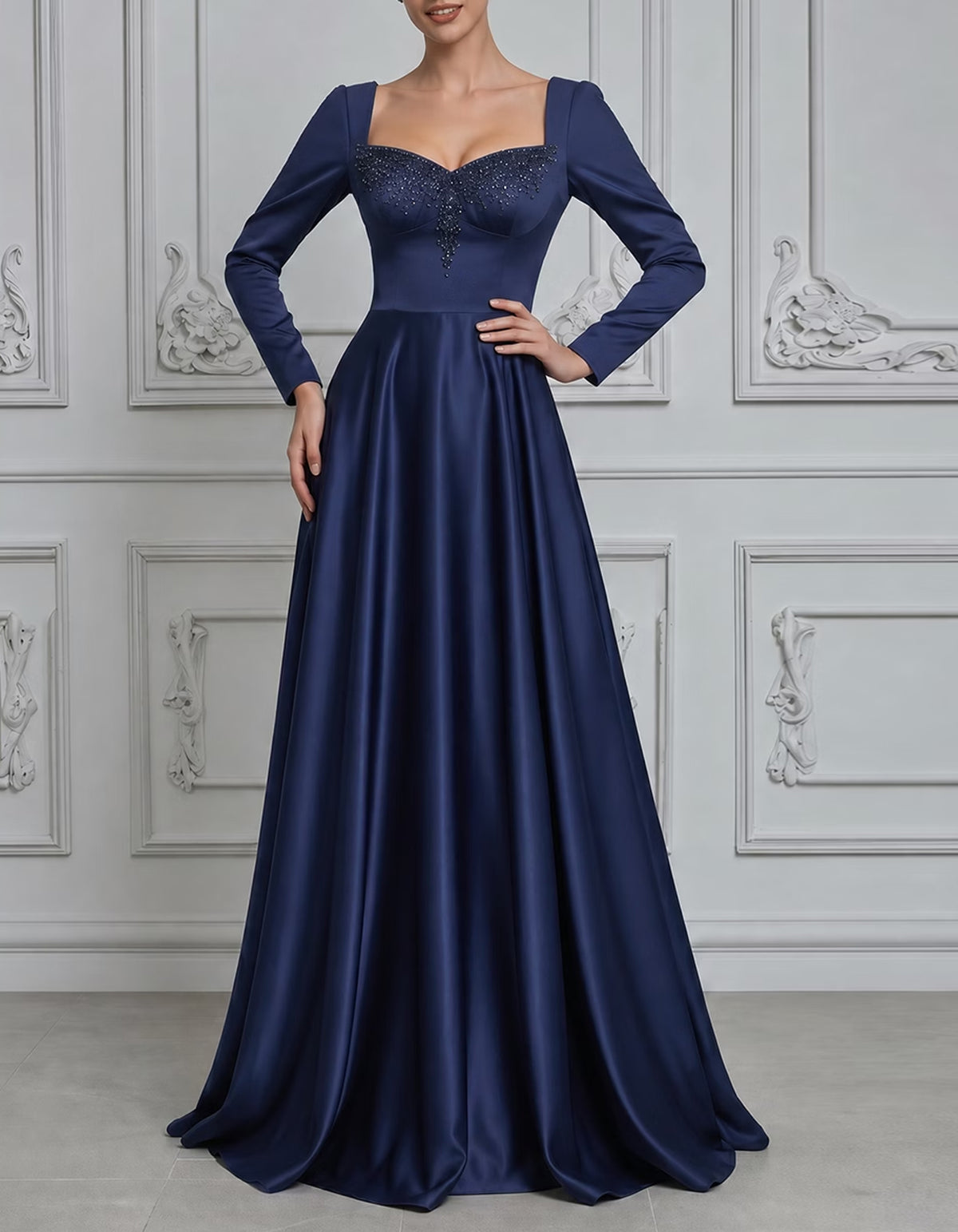 Navy Blue Satin Long Sleeved Maxi Dress