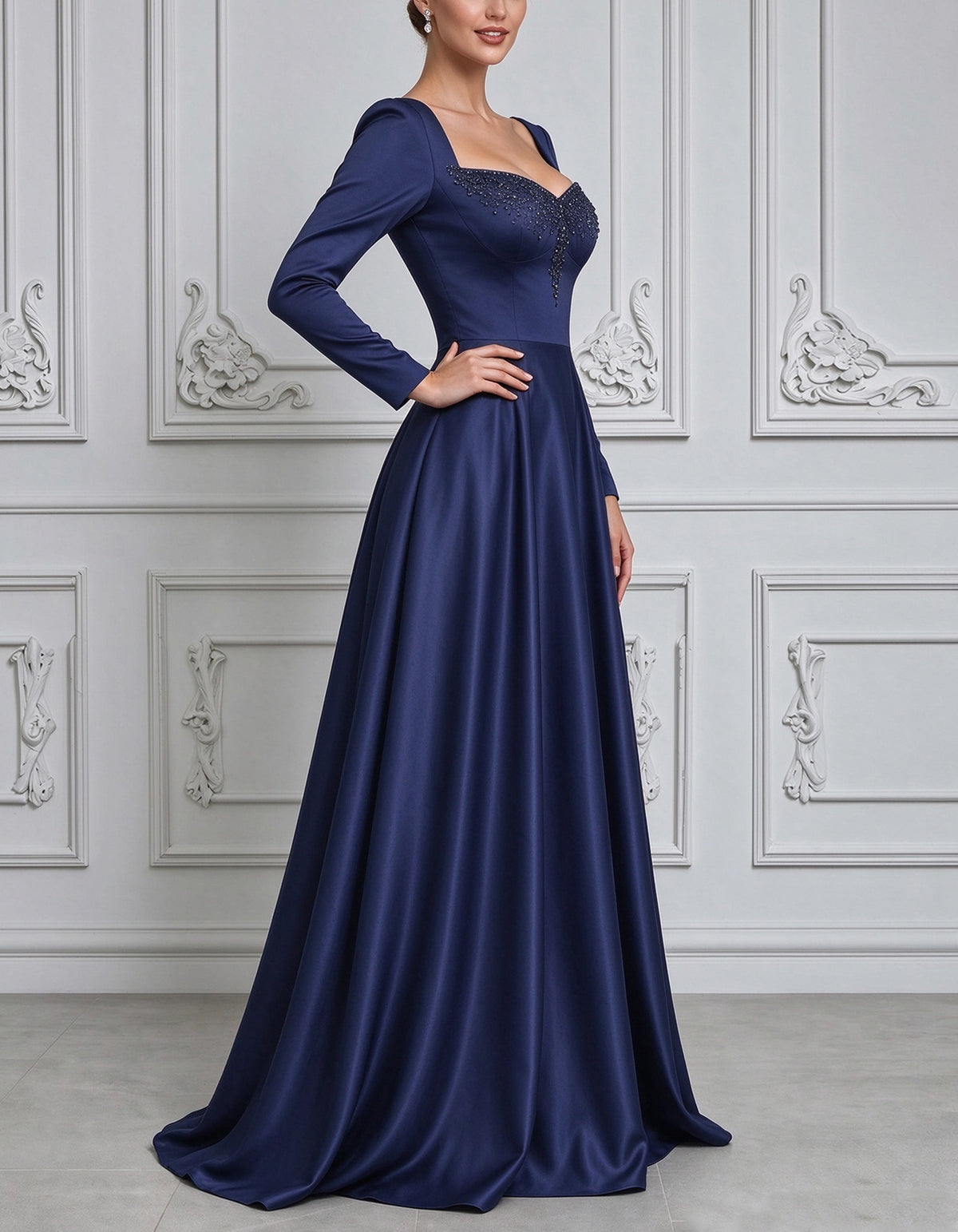 Navy Blue Satin Long Sleeved Maxi Dress