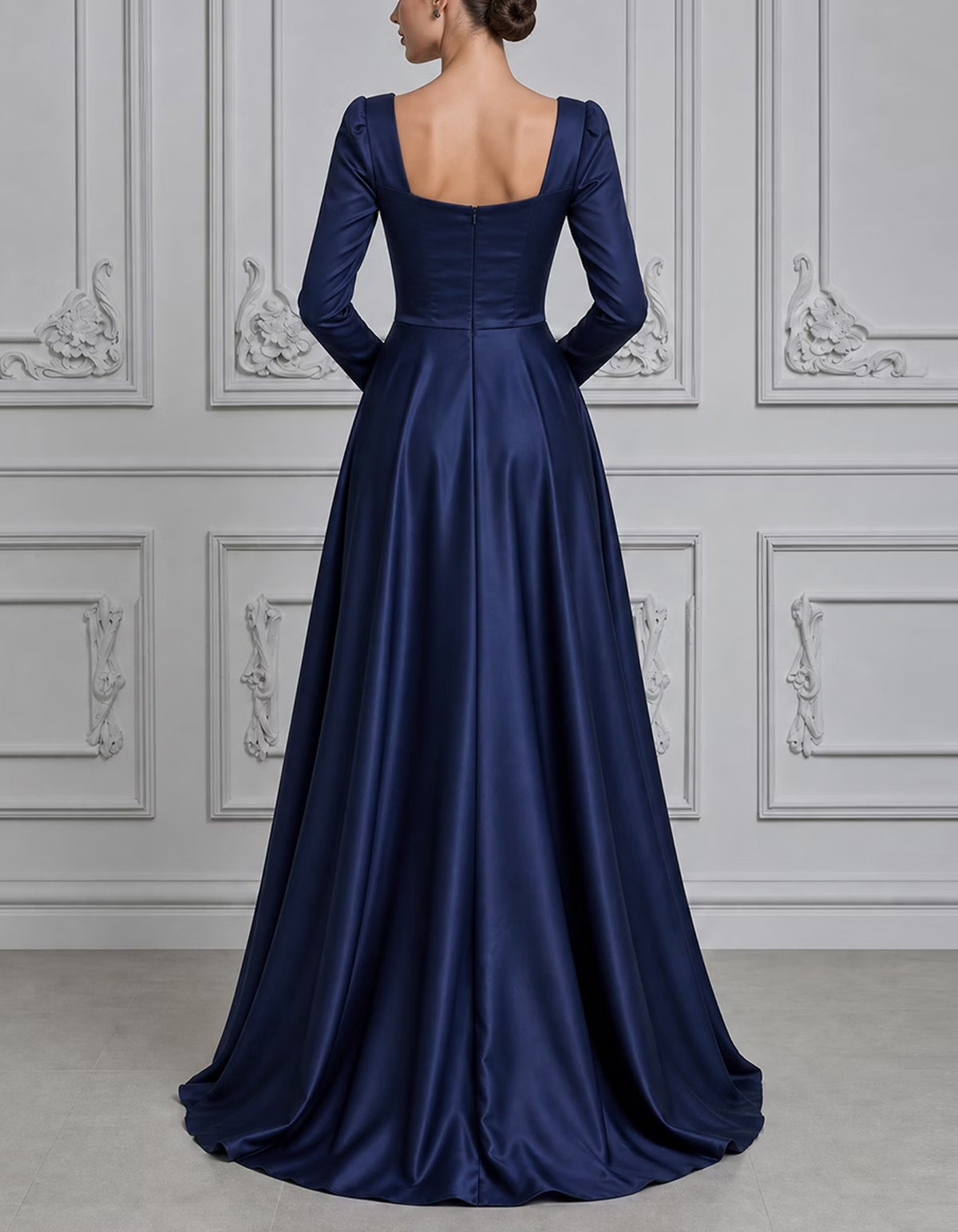 Navy Blue Satin Long Sleeved Maxi Dress