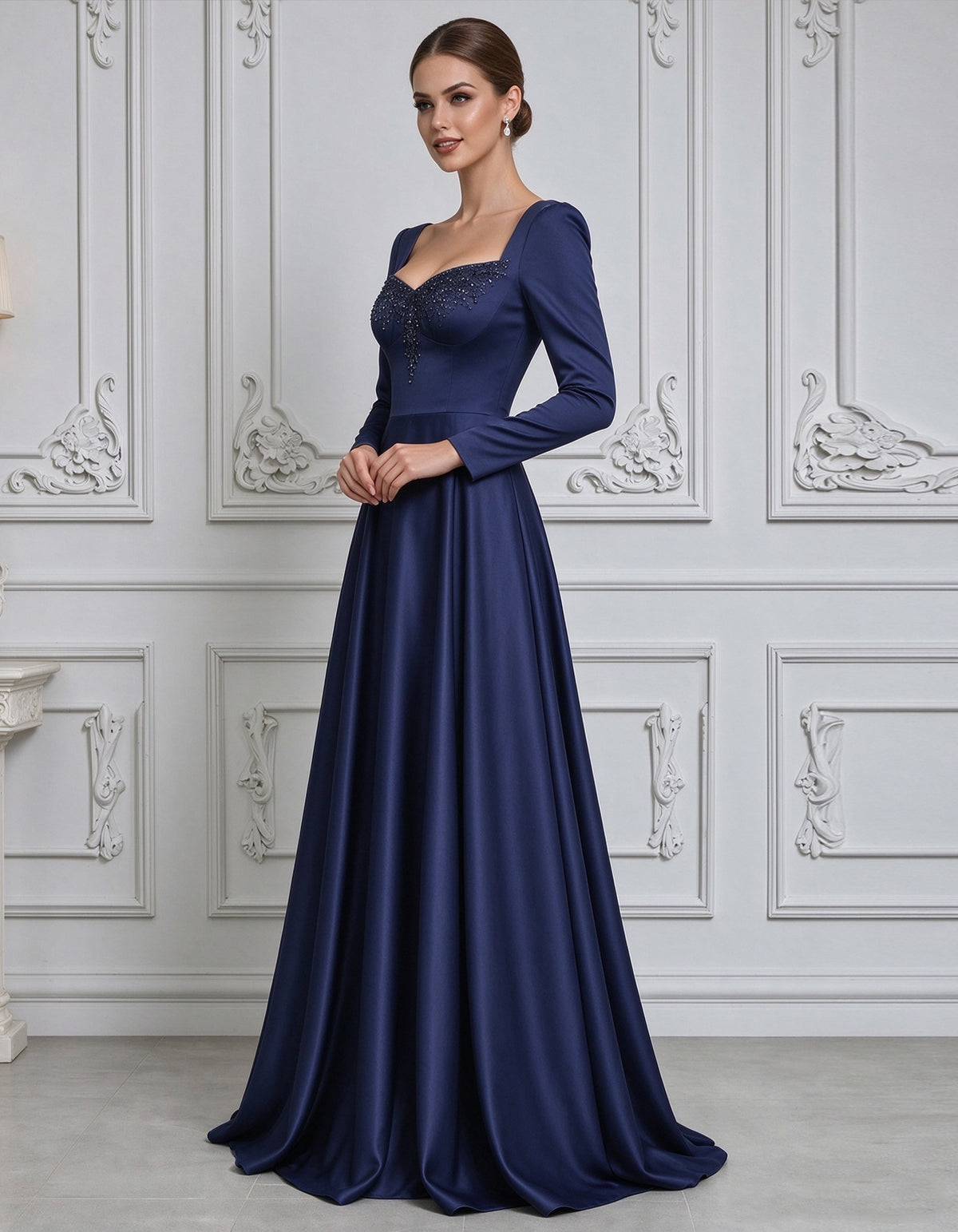 Navy Blue Satin Long Sleeved Maxi Dress