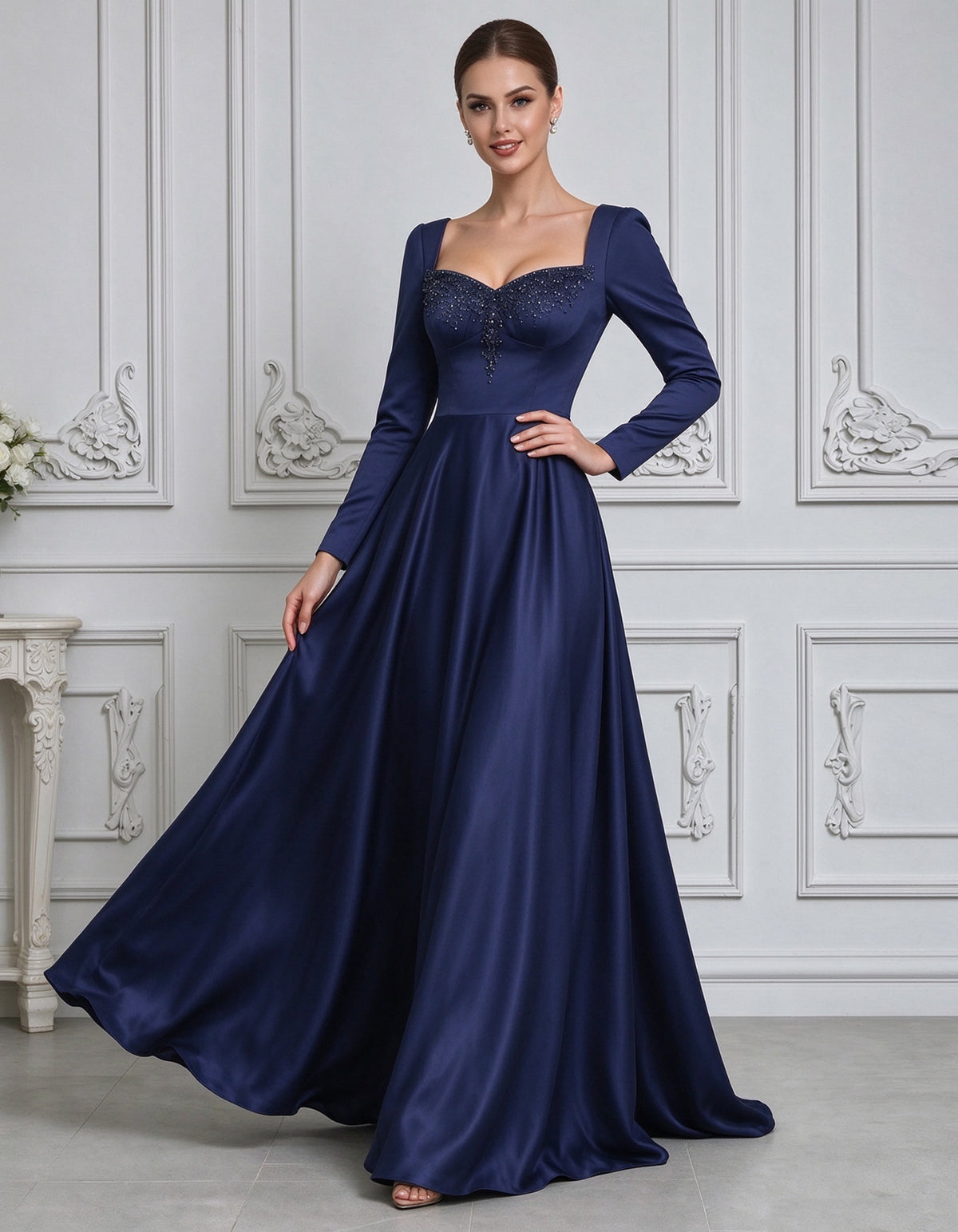 Navy Blue Satin Long Sleeved Maxi Dress