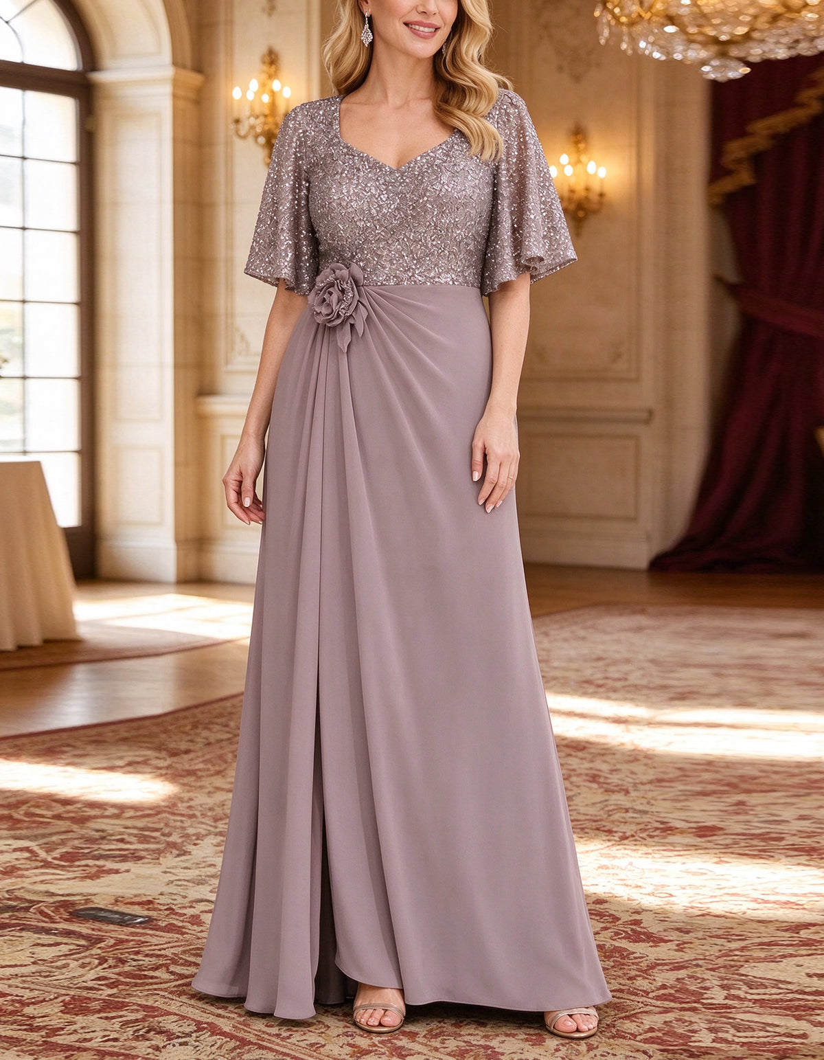 Grey Purple Sequined Chiffon Maxi Dress