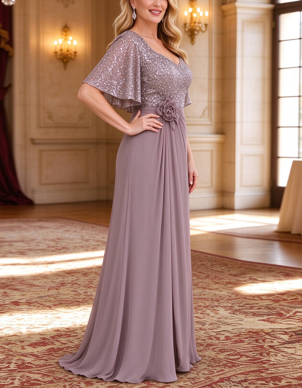 Grey Purple Sequined Chiffon Maxi Dress
