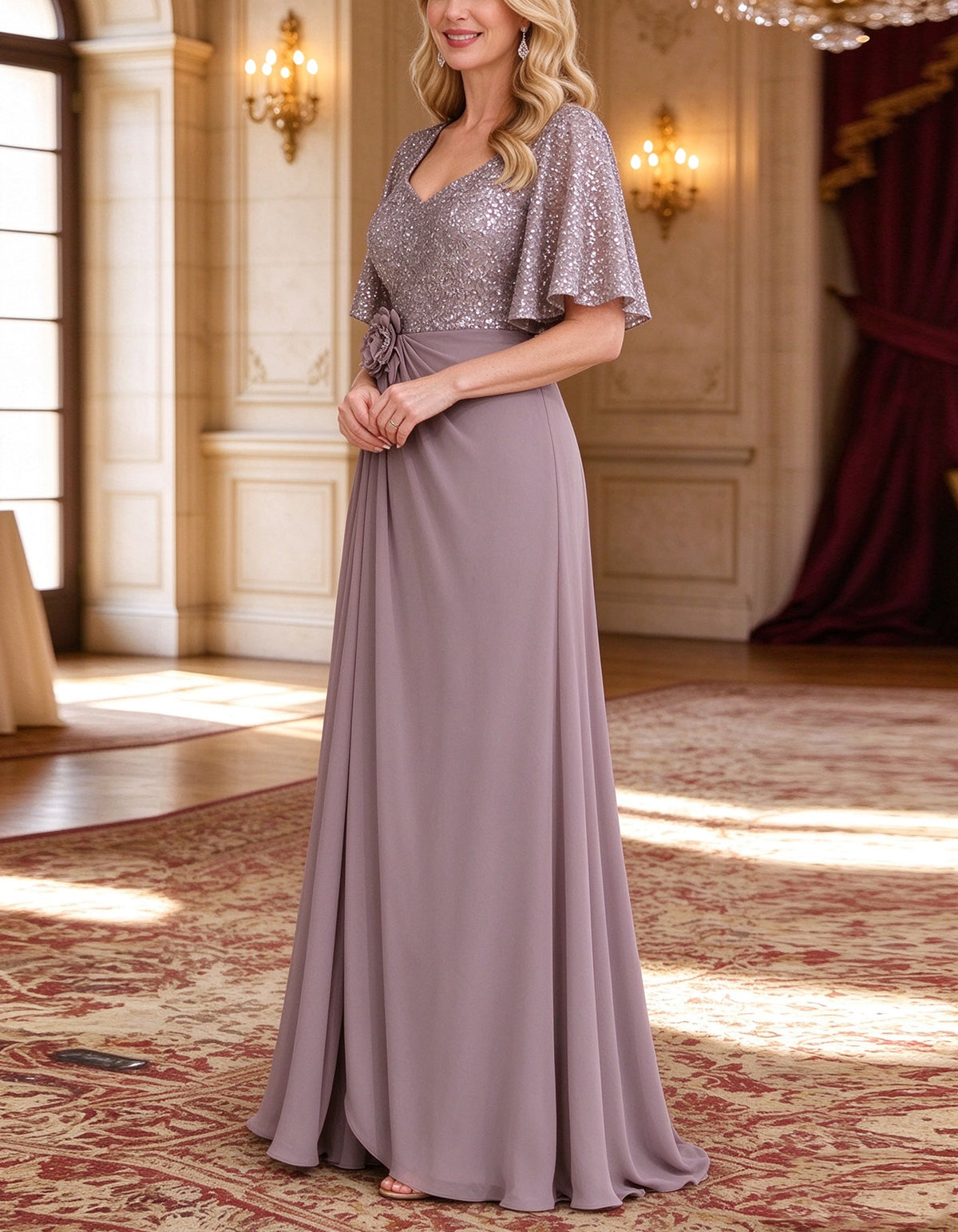 Grey Purple Sequined Chiffon Maxi Dress