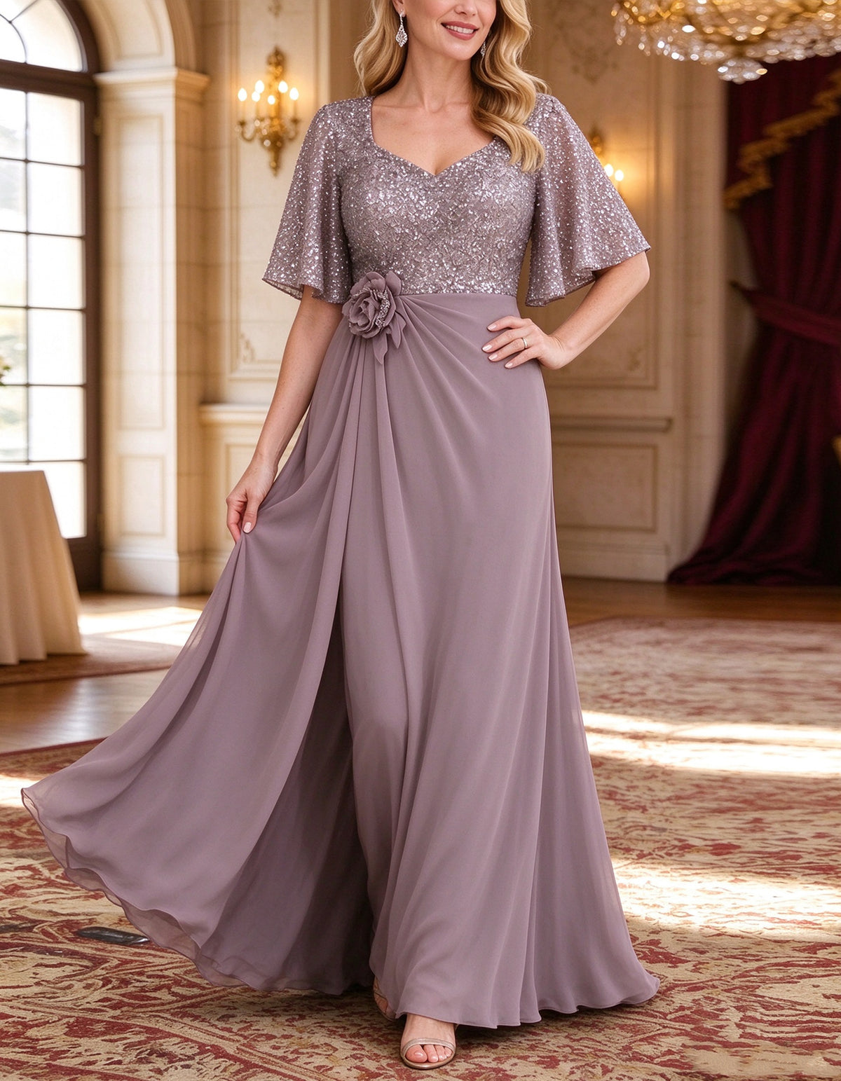Grey Purple Sequined Chiffon Maxi Dress