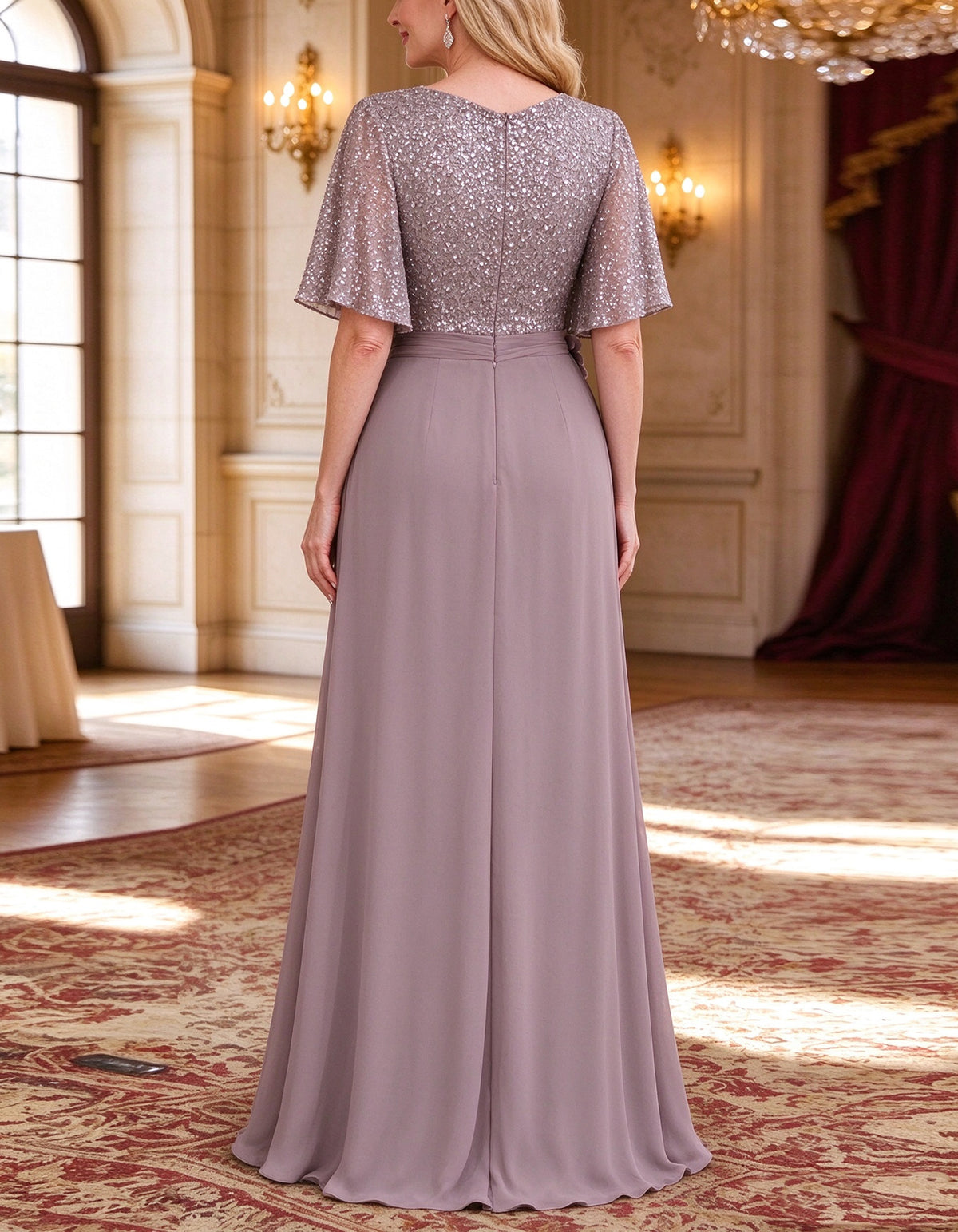 Grey Purple Sequined Chiffon Maxi Dress