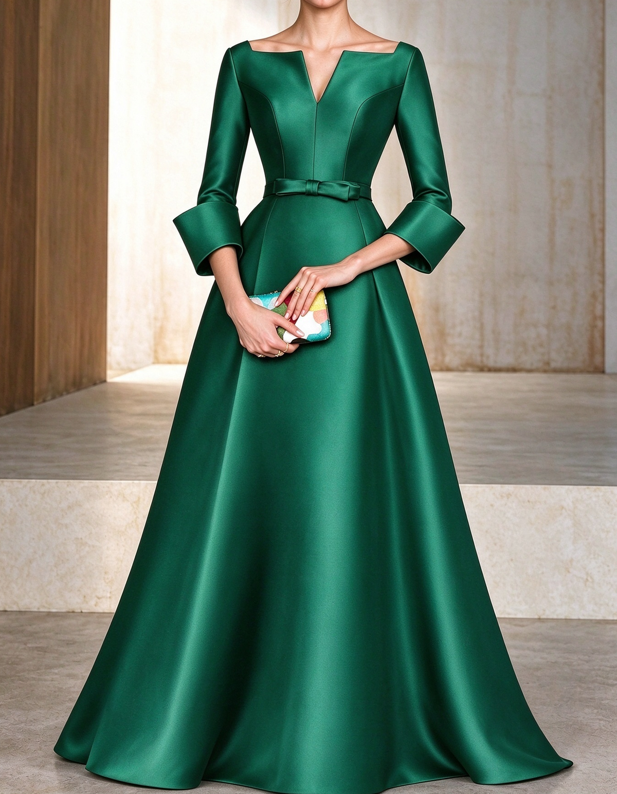 Notched V-Neck Satin A-Line Evening Gown Maxi Dress