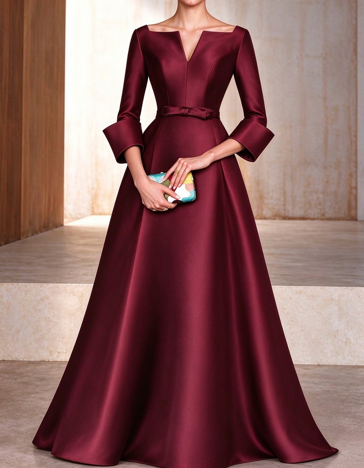 Notched V-Neck Satin A-Line Evening Gown Maxi Dress