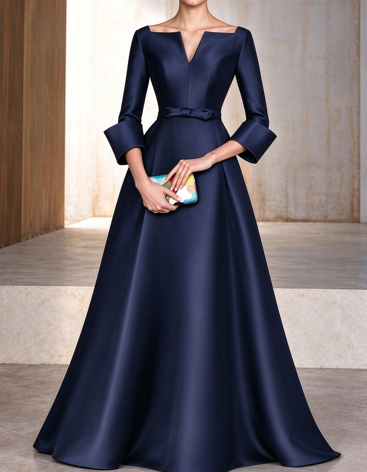 Notched V-Neck Satin A-Line Evening Gown Maxi Dress