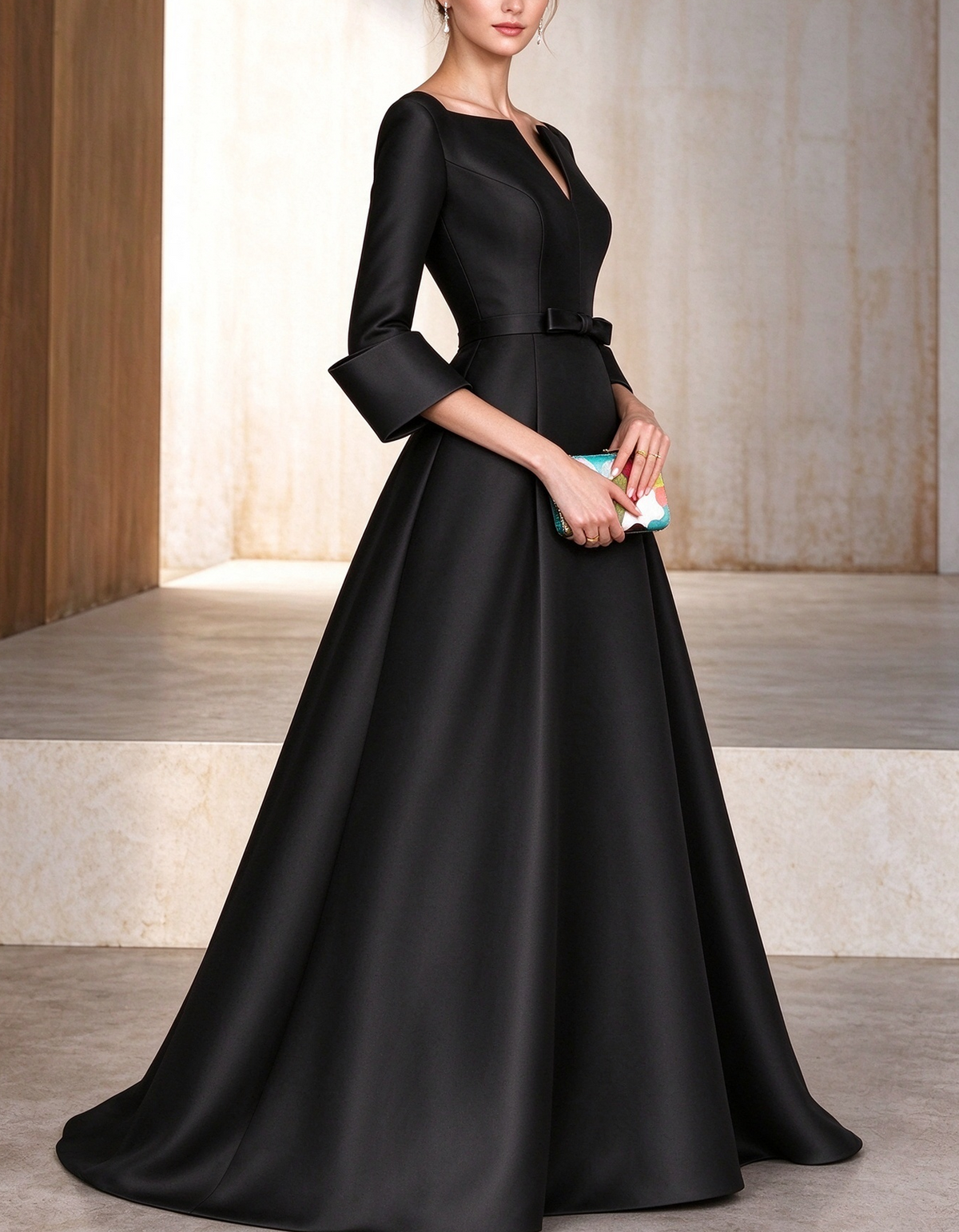 Notched V-Neck Satin A-Line Evening Gown Maxi Dress