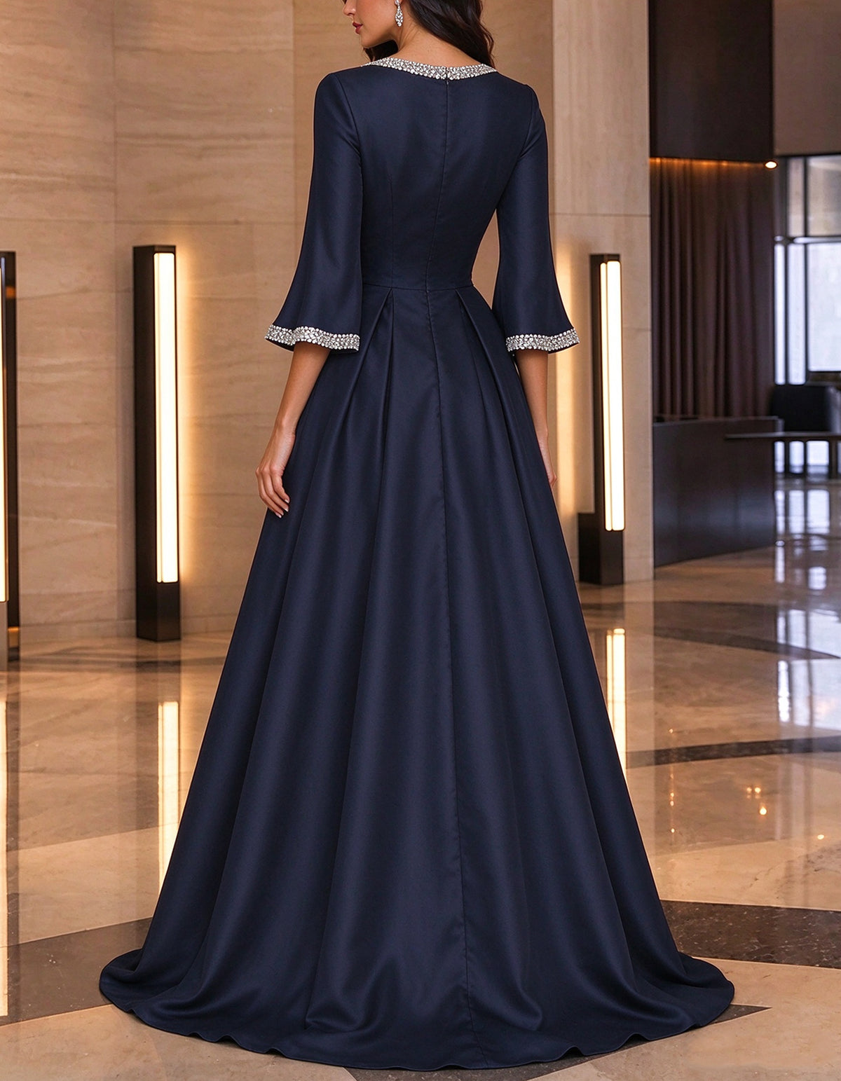 Navy Blue Satin V-Neck Maxi Dress