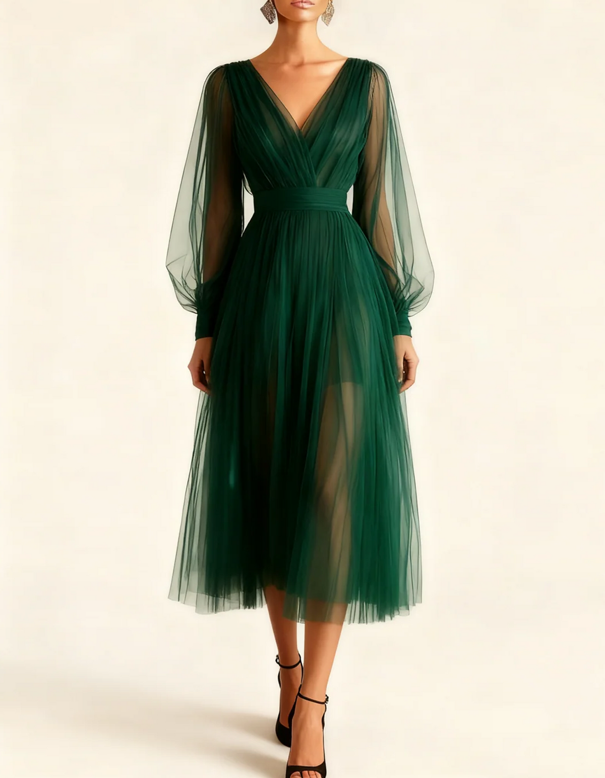 V-Neck Sheer Balloon Sleeve Tulle Midi Dress