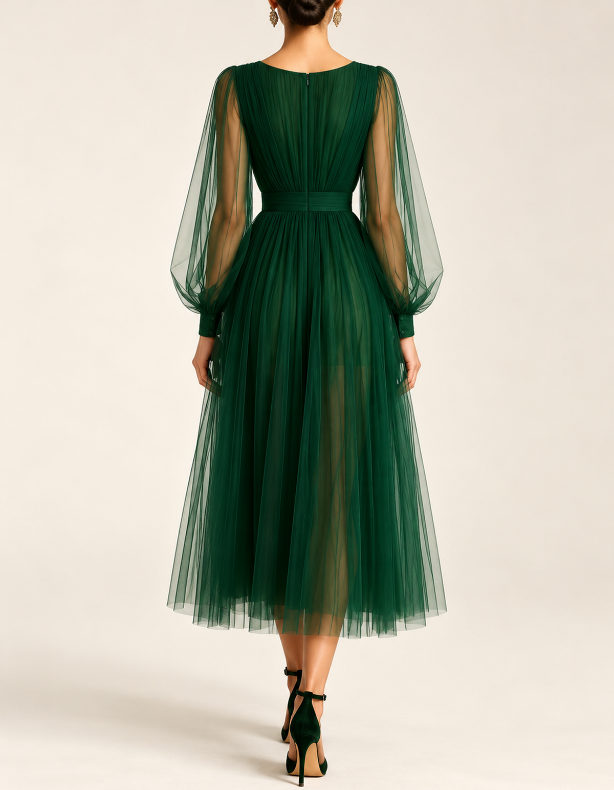 V-Neck Sheer Balloon Sleeve Tulle Midi Dress