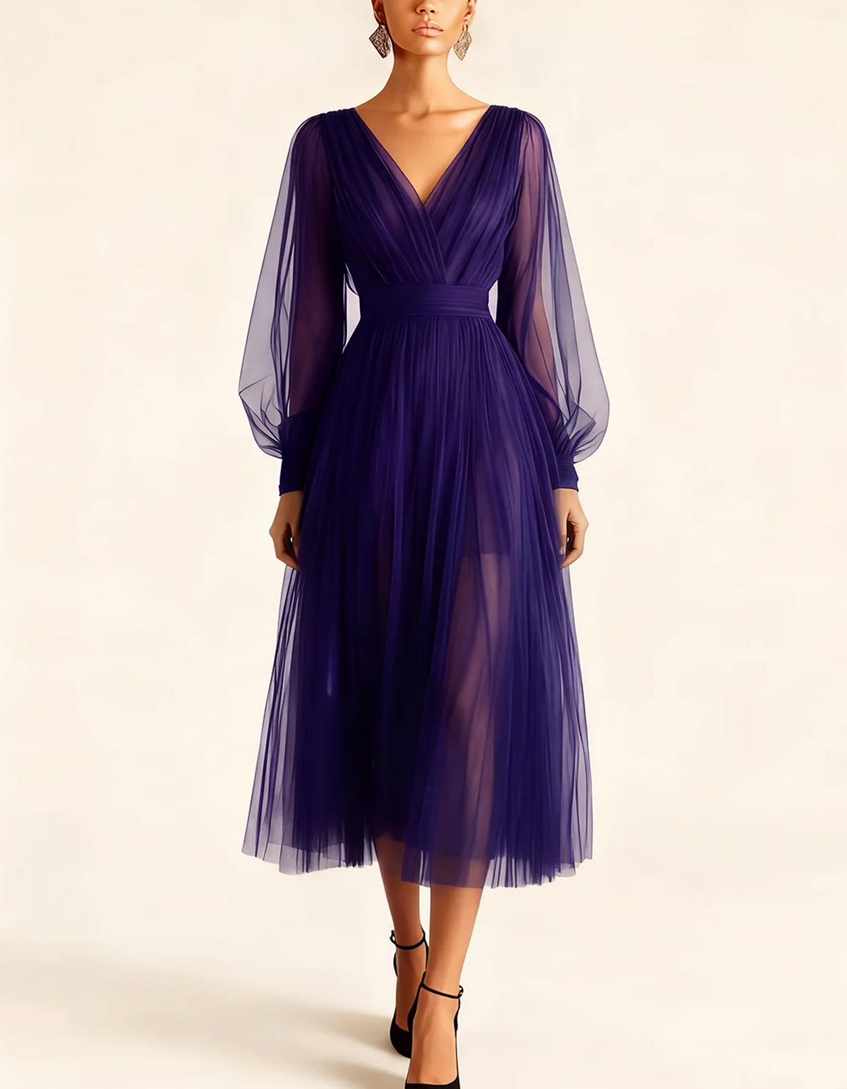 V-Neck Sheer Balloon Sleeve Tulle Midi Dress
