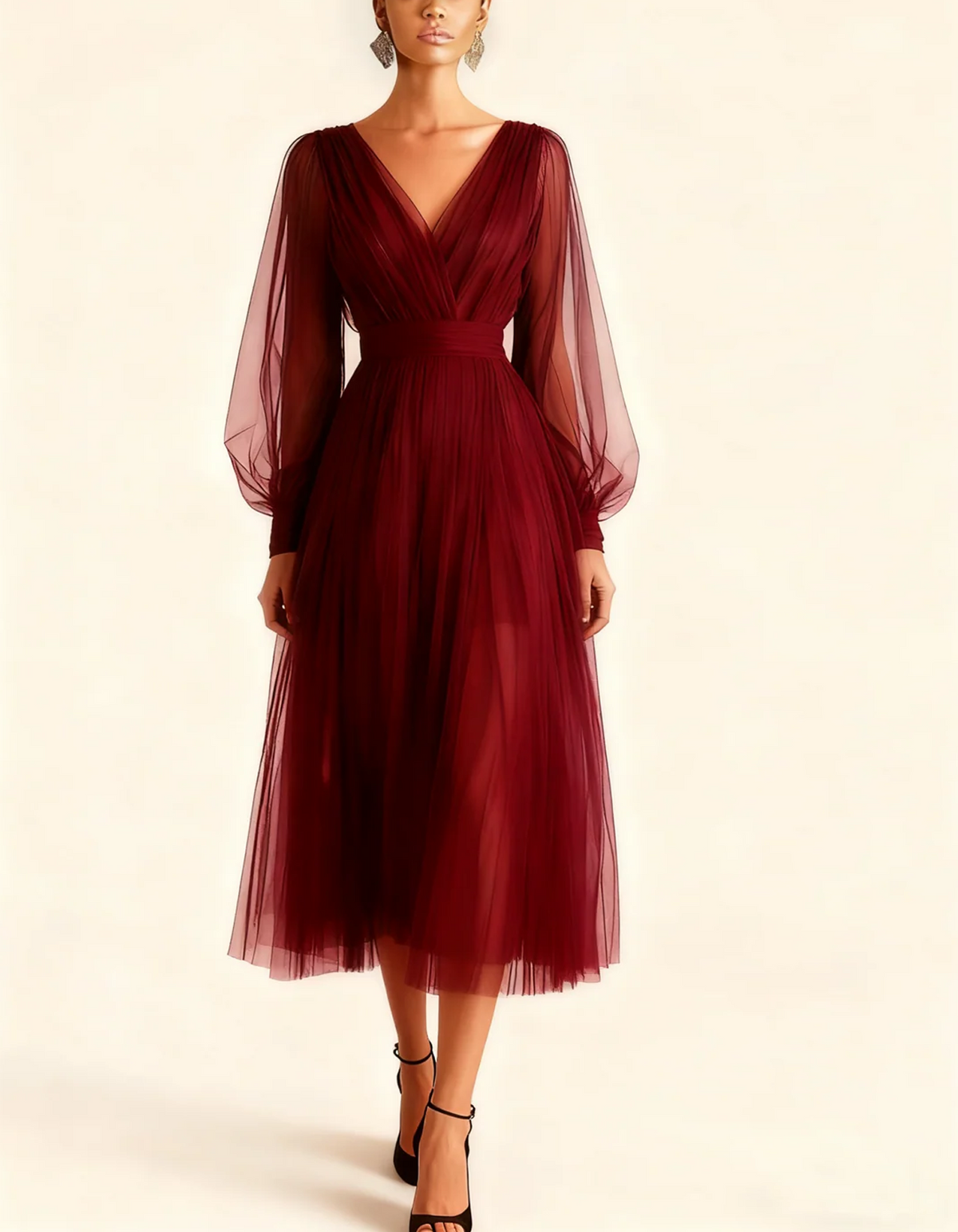 V-Neck Sheer Balloon Sleeve Tulle Midi Dress