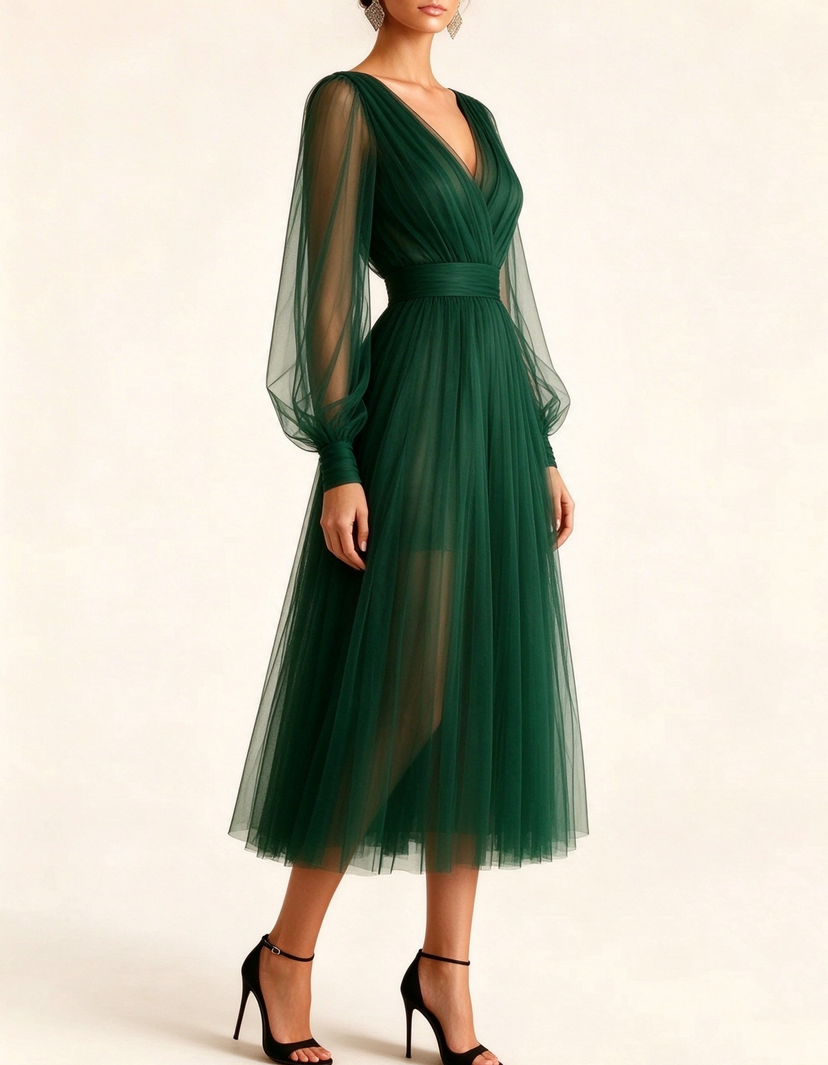 V-Neck Sheer Balloon Sleeve Tulle Midi Dress