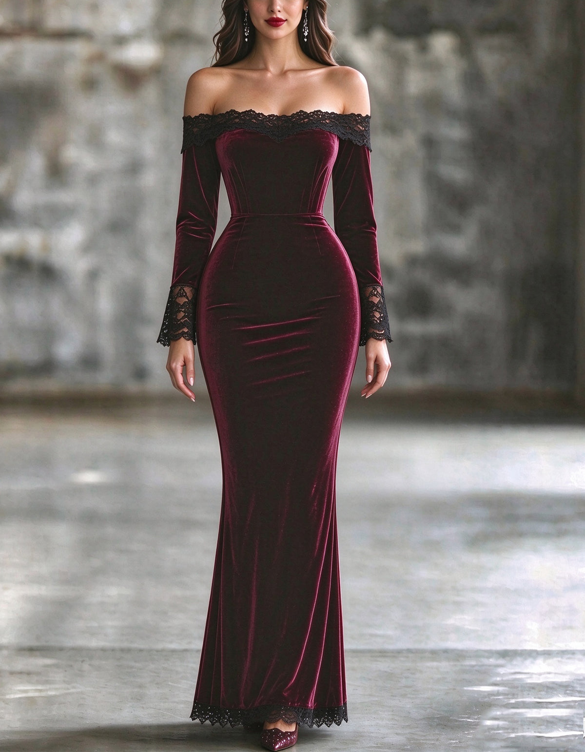 Burgundy Velvet Off The Shoulder Maxi Dress