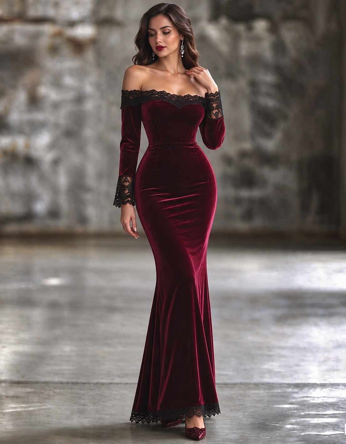 Burgundy Velvet Off The Shoulder Maxi Dress