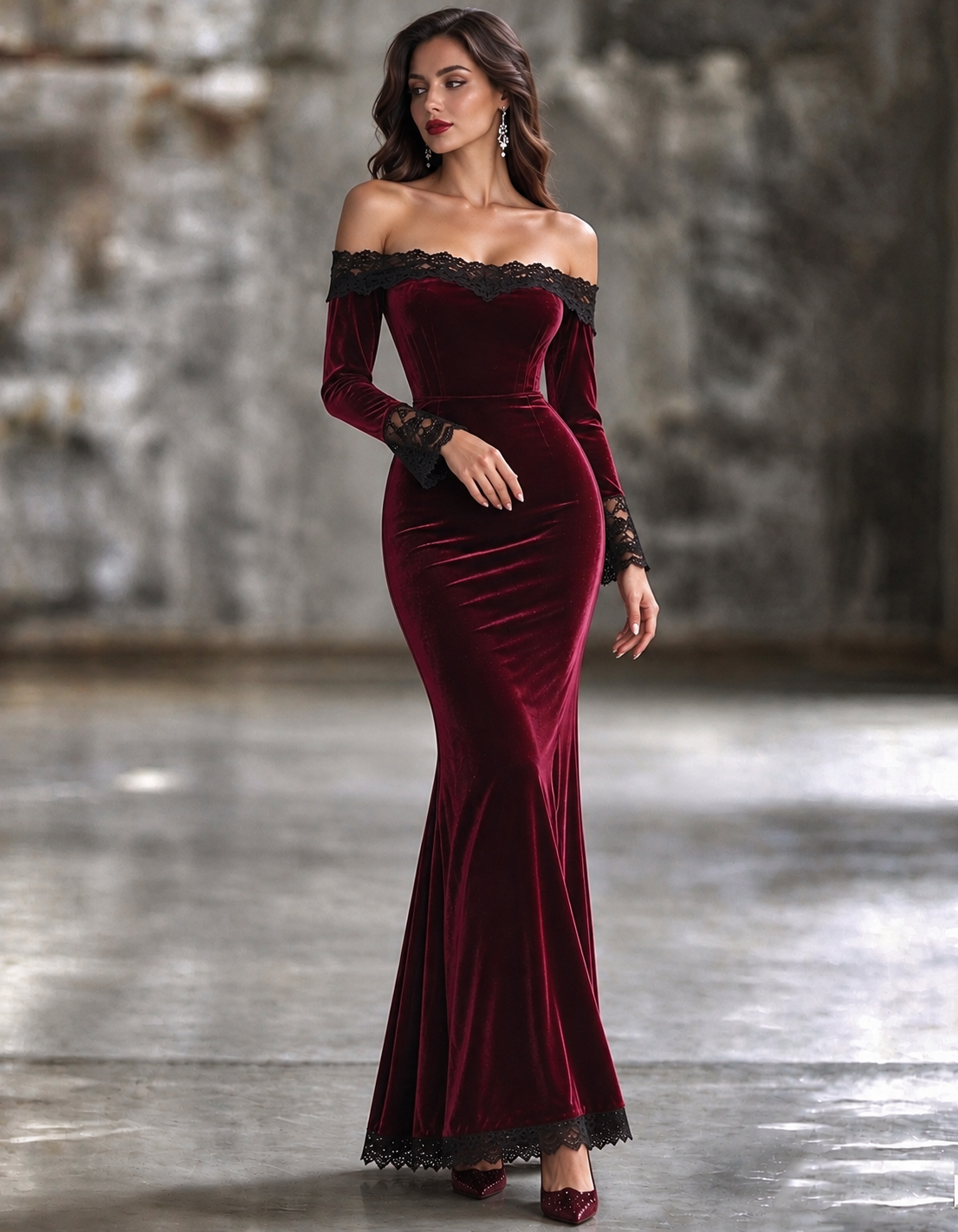 Burgundy Velvet Off The Shoulder Maxi Dress