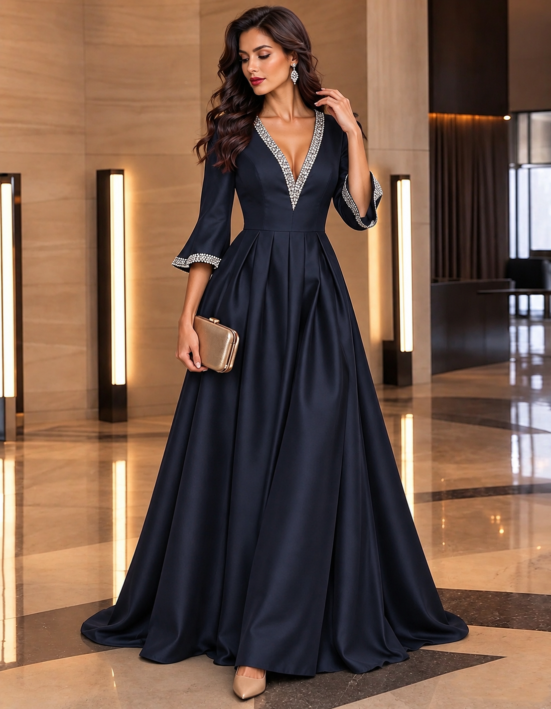 Navy Blue Satin V-Neck Maxi Dress