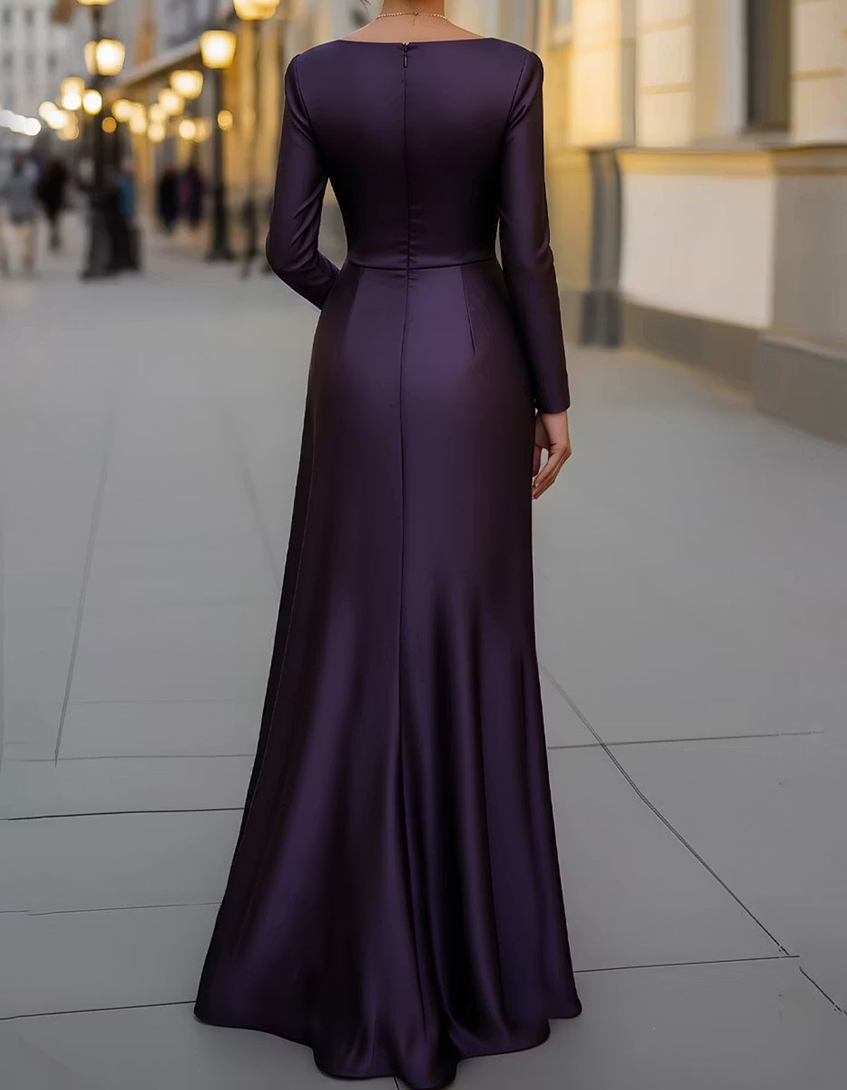 Purple Satin Long Sleeved  Maxi Dress