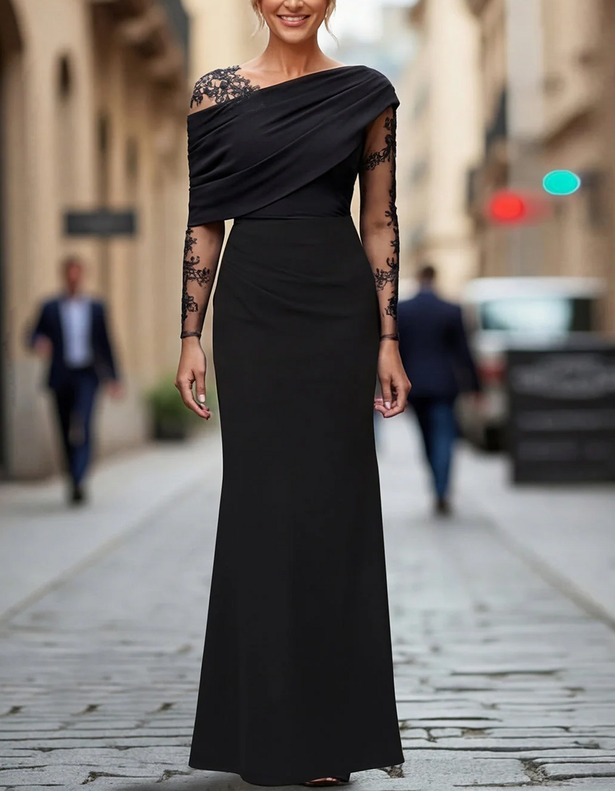 Black Off Shoulder Lace Sleeve Mermaid Maxi Dress