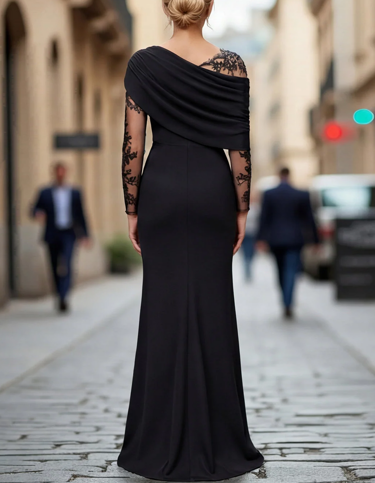 Black Off Shoulder Lace Sleeve Mermaid Maxi Dress