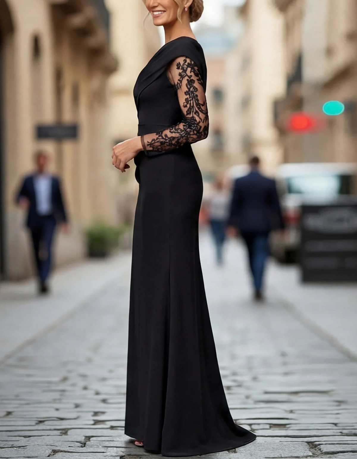 Black Off Shoulder Lace Sleeve Mermaid Maxi Dress