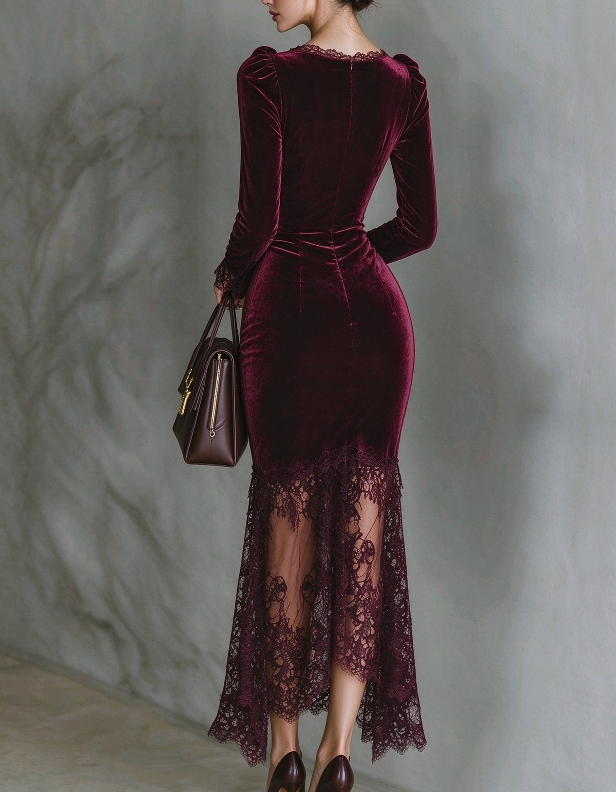 Square Neck Velvet Lace Hem Midi Dress