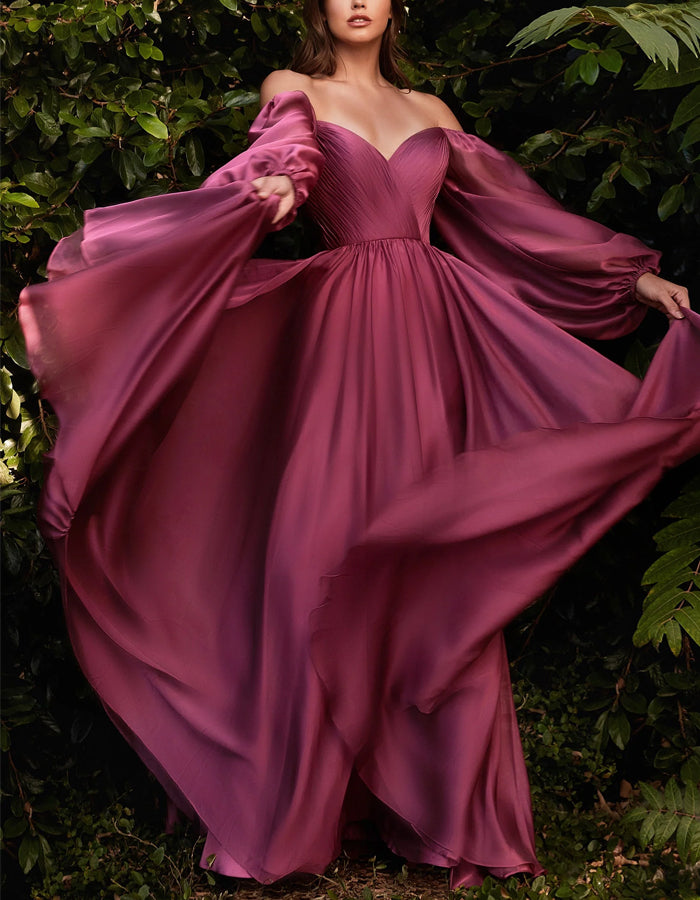 Solid Color Long Sleeve Chiffon Maxi Dress
