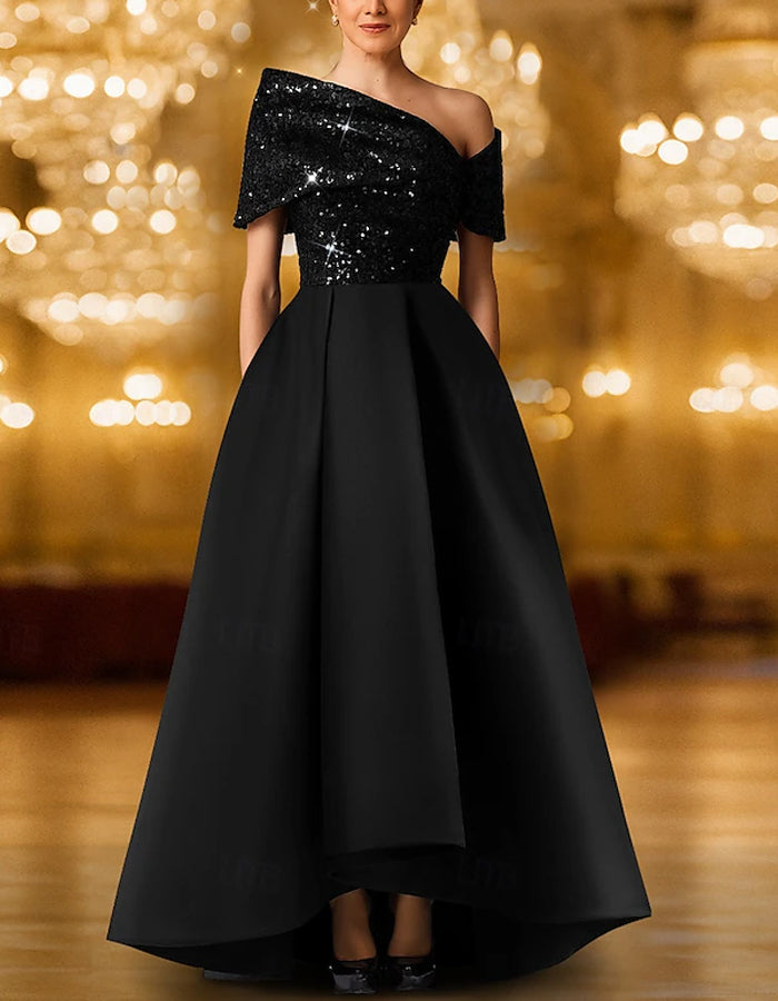Sequined Solid Color A-line Short Sleeve One Shoulder Sequined Maxi Dress