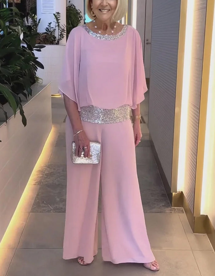 Pink Sequined Chiffon Top And Pants 2-Piece Suit