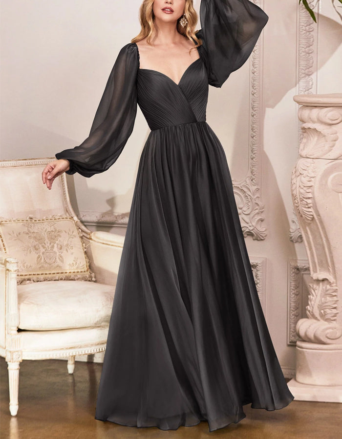 Solid Color Long Sleeve Chiffon Maxi Dress