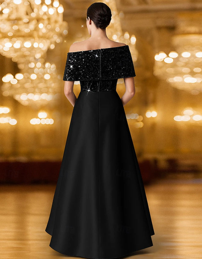 Sequined Solid Color A-line Short Sleeve One Shoulder Sequined Maxi Dress