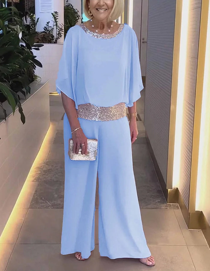 Pink Sequined Chiffon Top And Pants 2-Piece Suit