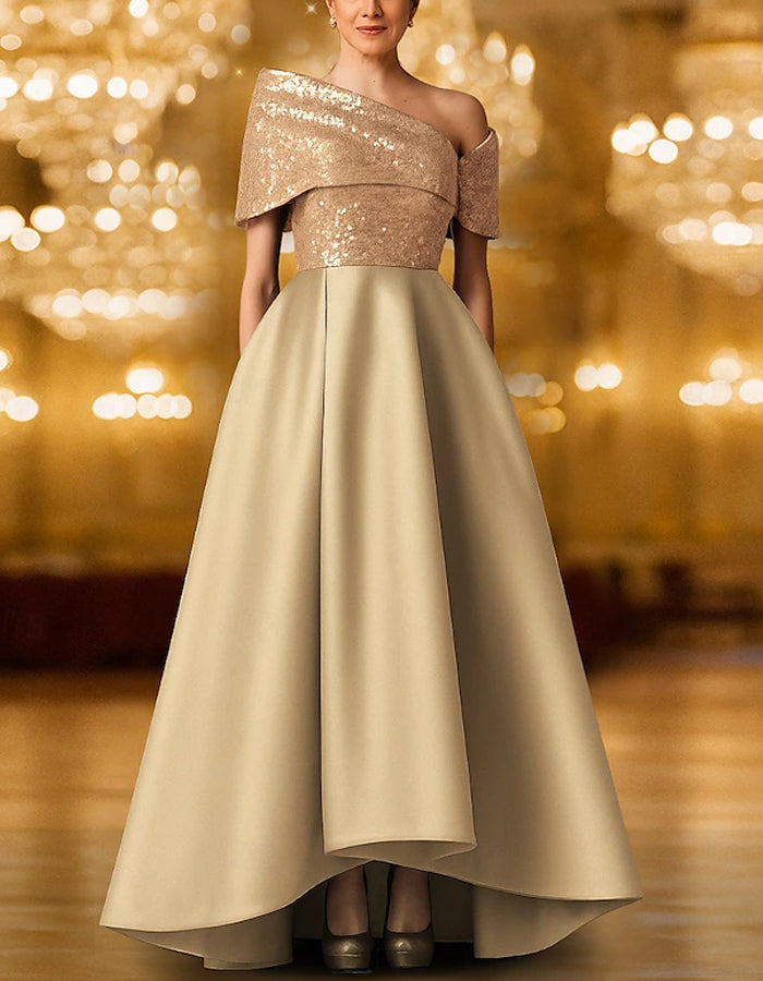 Sequined Solid Color A-line Short Sleeve One Shoulder Sequined Maxi Dress