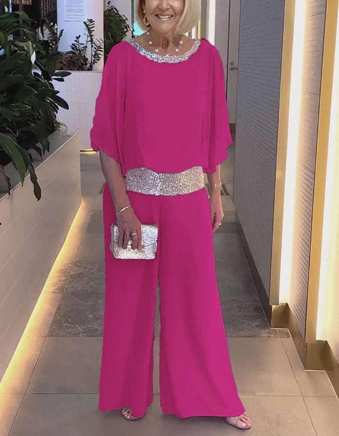 Pink Sequined Chiffon Top And Pants 2-Piece Suit
