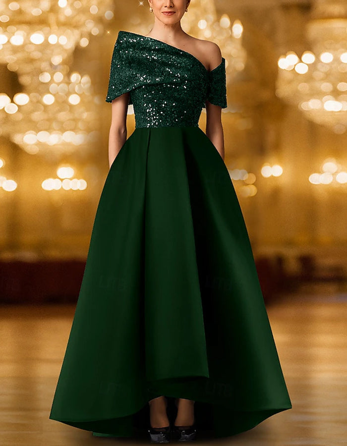 Sequined Solid Color A-line Short Sleeve One Shoulder Sequined Maxi Dress