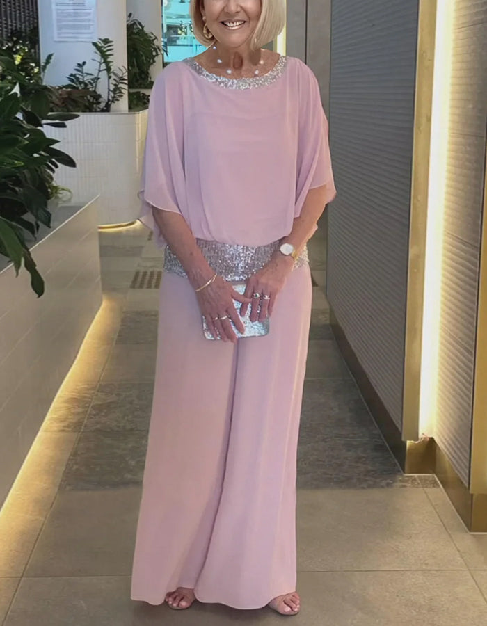 Pink Sequined Chiffon Top And Pants 2-Piece Suit