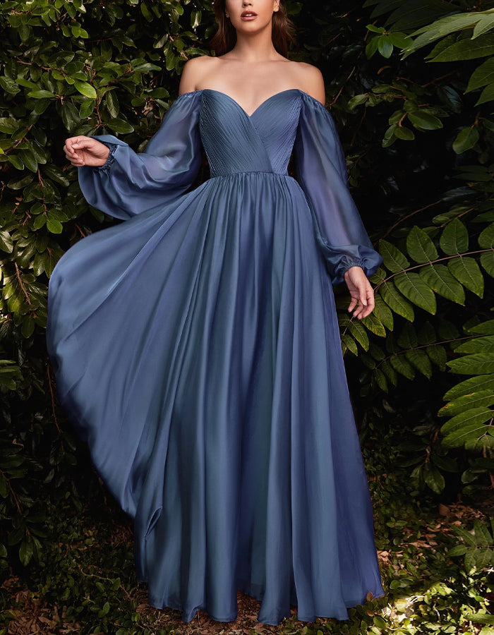 Solid Color Long Sleeve Chiffon Maxi Dress