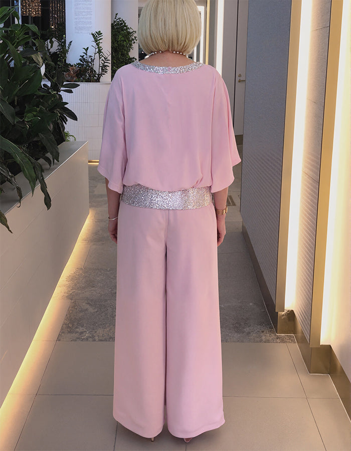 Pink Sequined Chiffon Top And Pants 2-Piece Suit