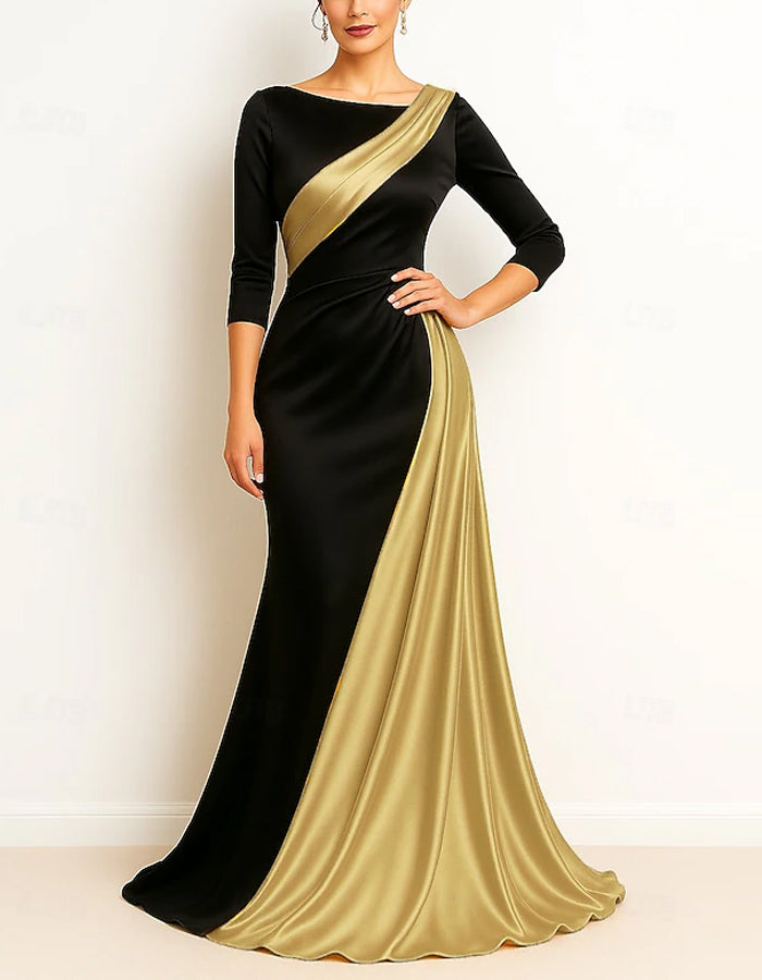 A-line Boat Neck Mother Of The Bride Satin Pleats Maxi Dress
