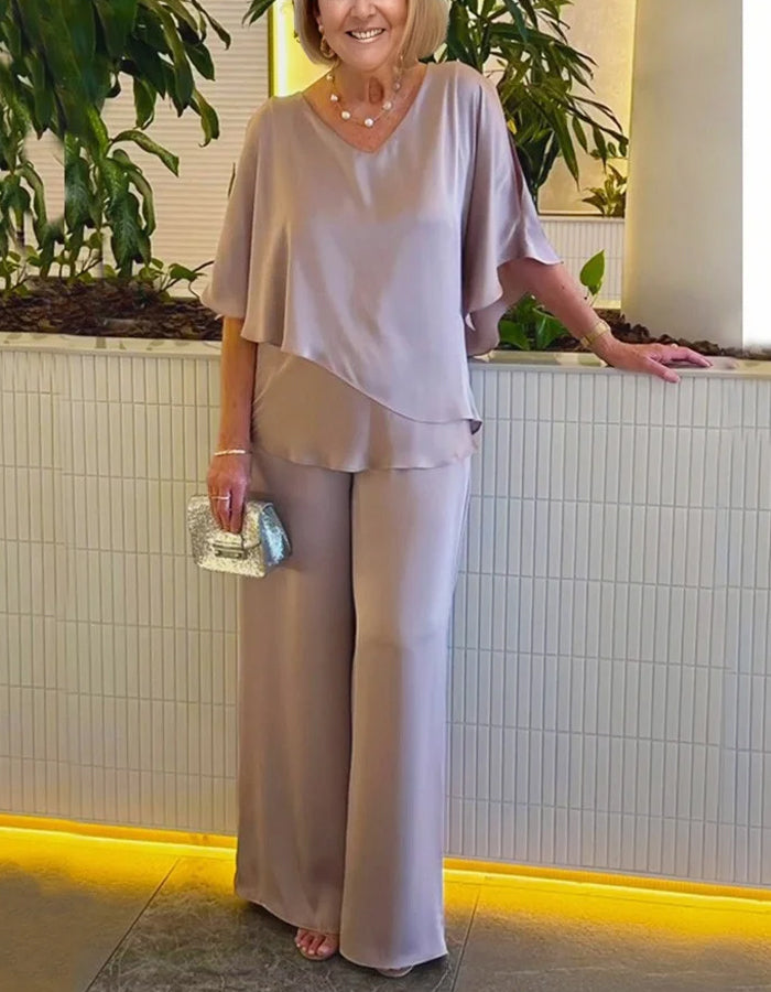 Solid Color V-neck Short-sleeved Top And Trousers 2-Piece Suit