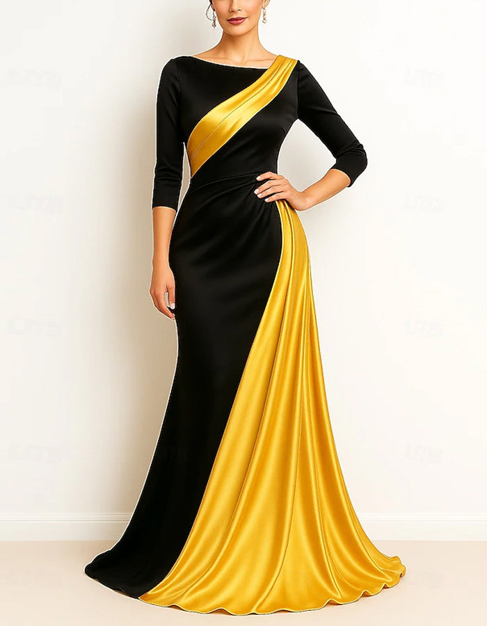 A-line Boat Neck Mother Of The Bride Satin Pleats Maxi Dress