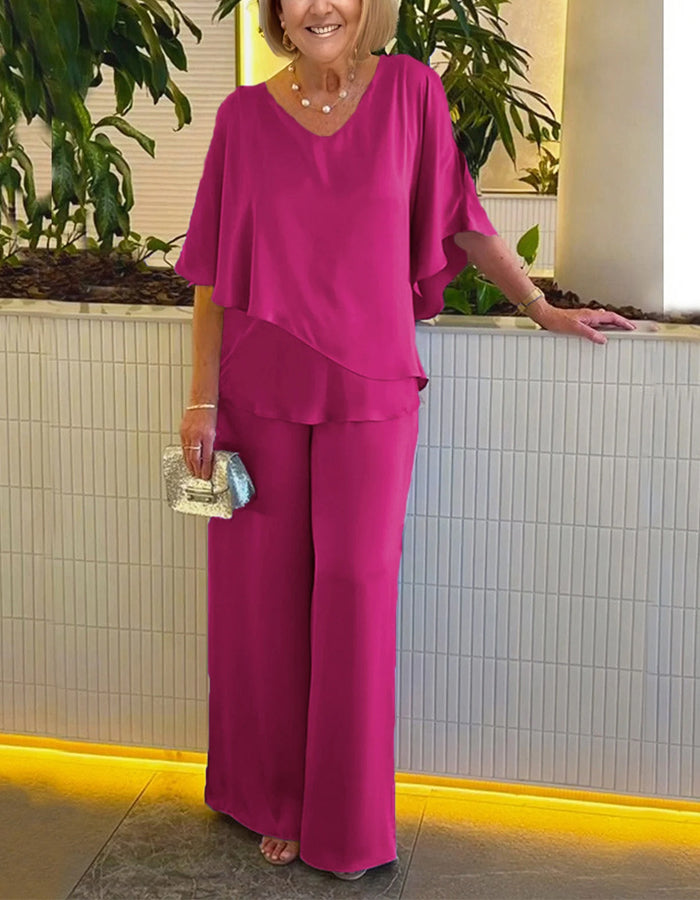 Solid Color V-neck Short-sleeved Top And Trousers 2-Piece Suit