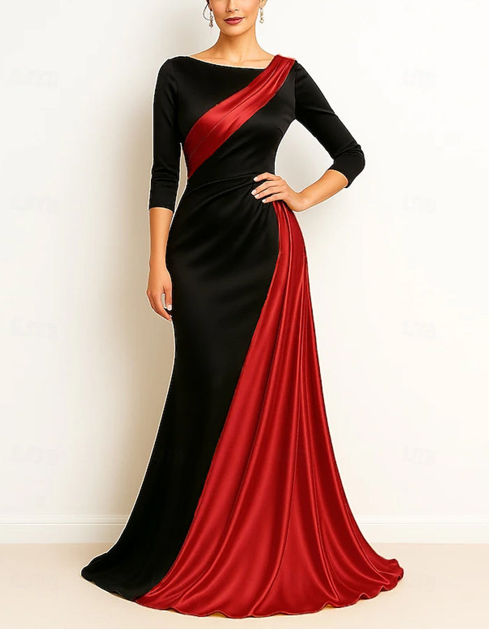 A-line Boat Neck Mother Of The Bride Satin Pleats Maxi Dress