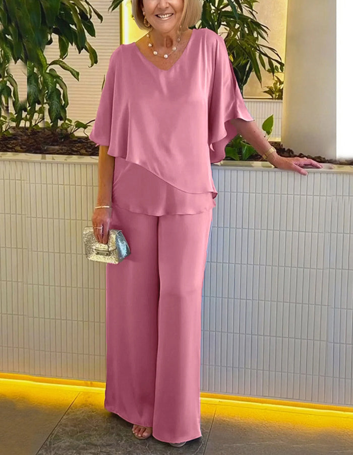 Solid Color V-neck Short-sleeved Top And Trousers 2-Piece Suit