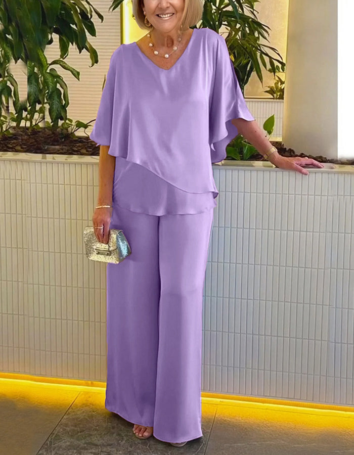 Solid Color V-neck Short-sleeved Top And Trousers 2-Piece Suit