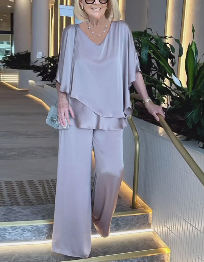 Solid Color V-neck Short-sleeved Top And Trousers 2-Piece Suit